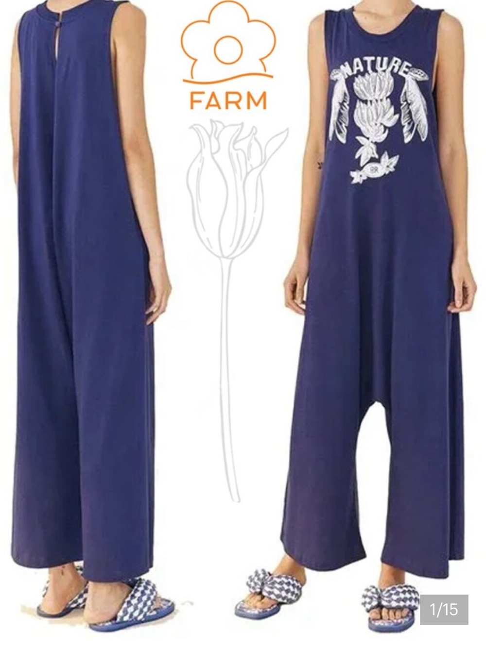 FARM Rio Navy Blue Wide-Leg Graphic Jumpsuit